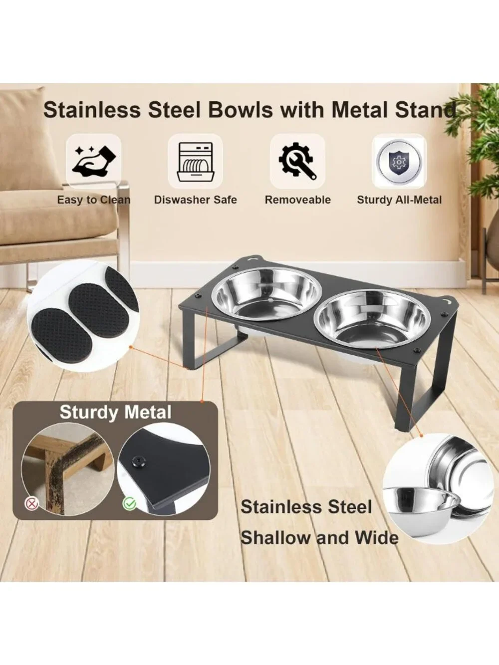 Elevated Cat Food & Water Bowls Set - 4 Stainless Steel Dishes with Cute Stand